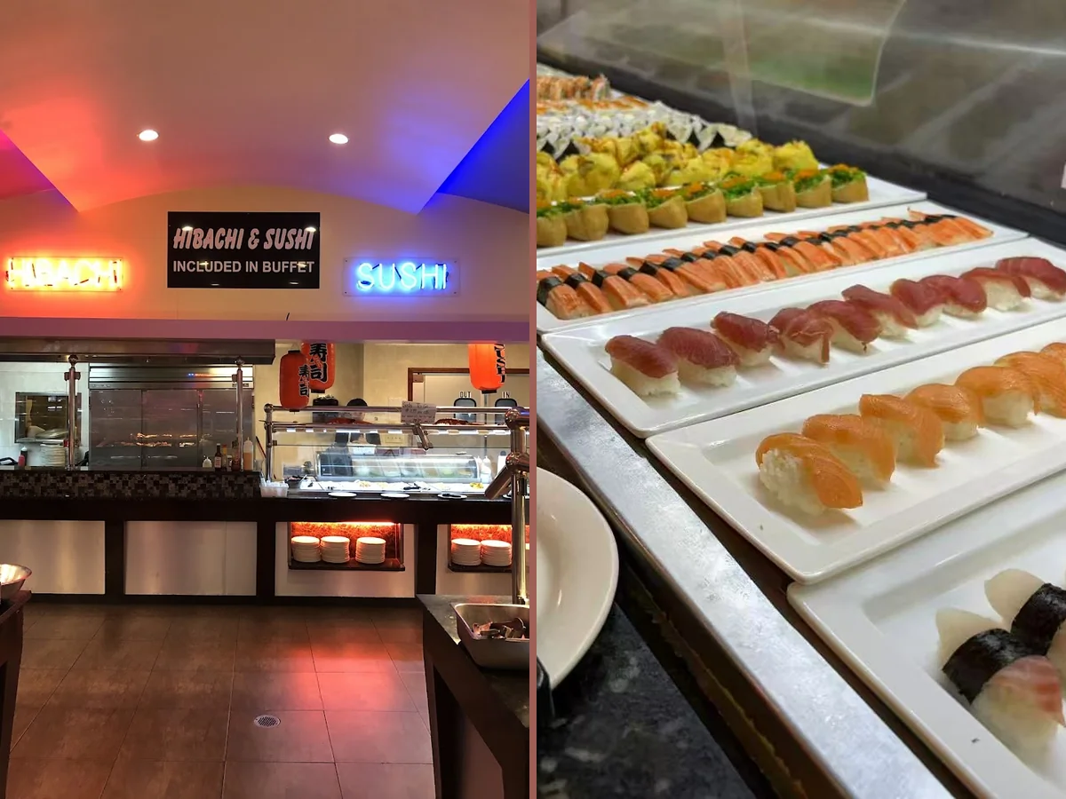 Buffet tables with assorted Asian dishes