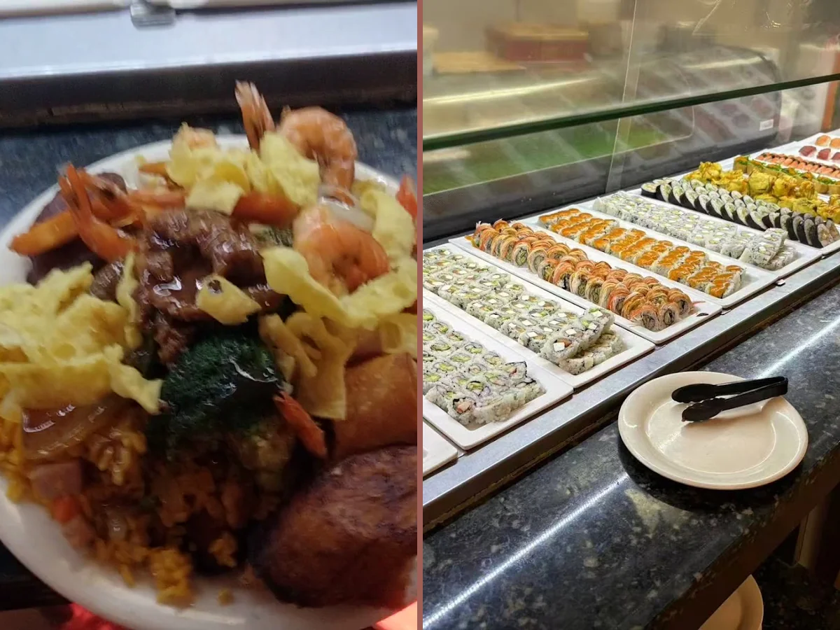 Buffet tables with assorted Asian dishes